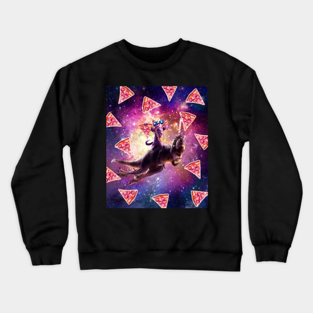 Thug Space Cat On Dinosaur Unicorn - Pizza Crewneck Sweatshirt by Random Galaxy